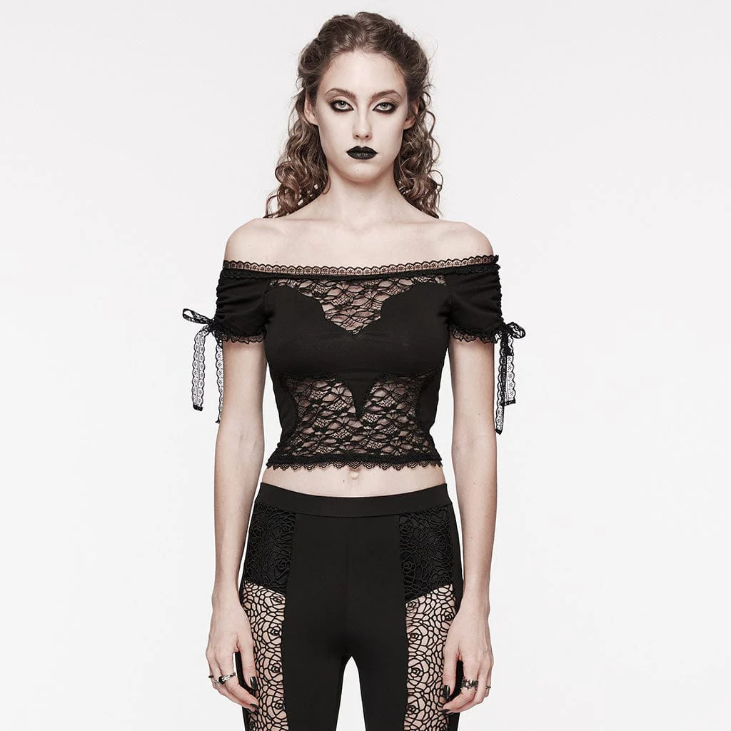 Top in pizzo gotico con coulisse con spalle scoperte - immagine 2