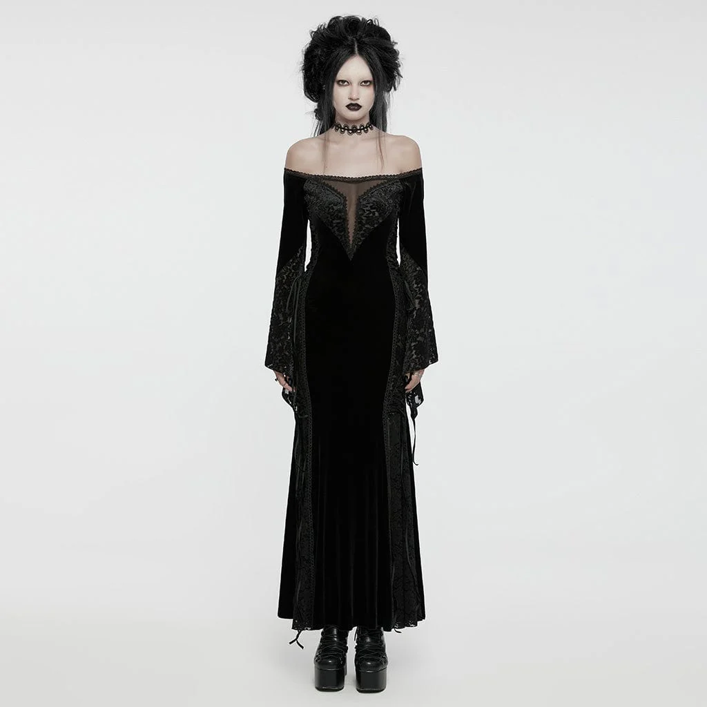 Abito da donna in velluto con giunture in pizzo e spalle scoperte in stile gotico - immagine 2
