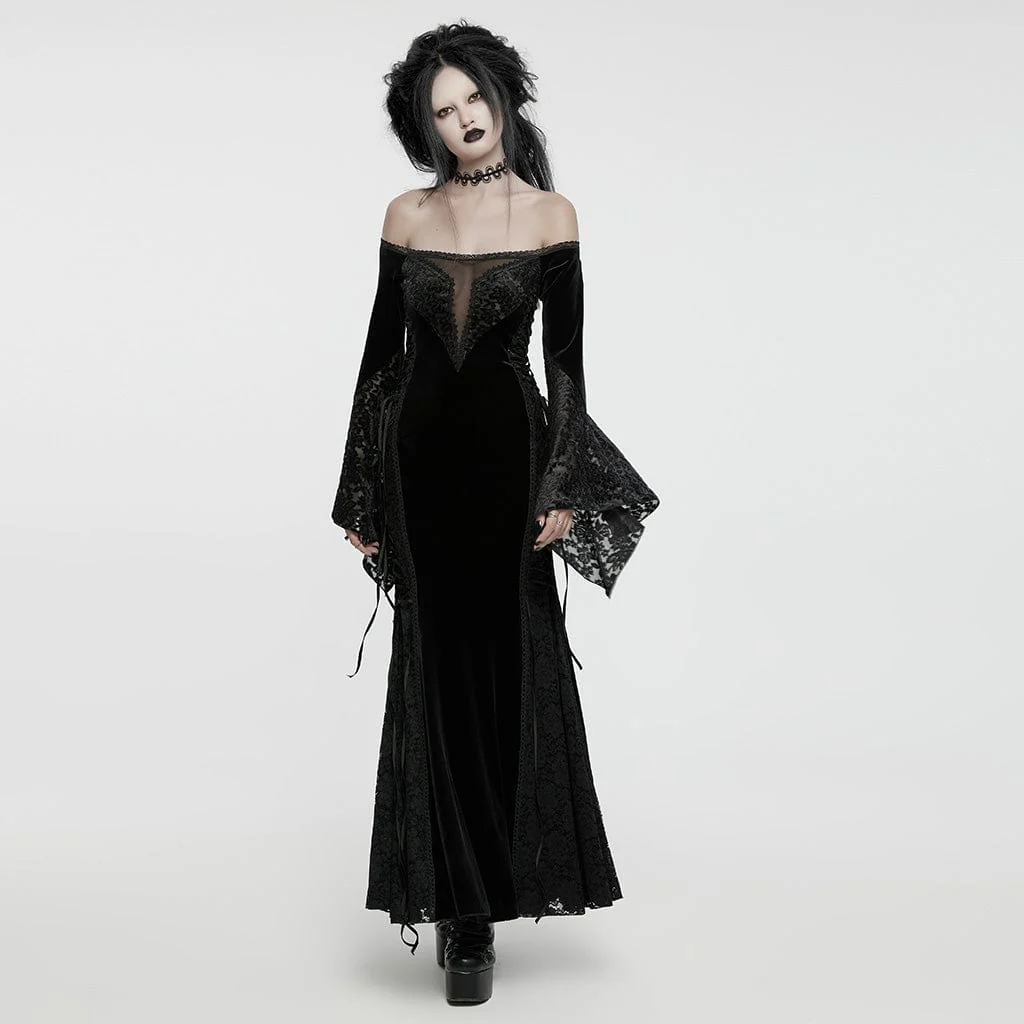 Abito da donna in velluto con giunture in pizzo e spalle scoperte in stile gotico - immagine 5