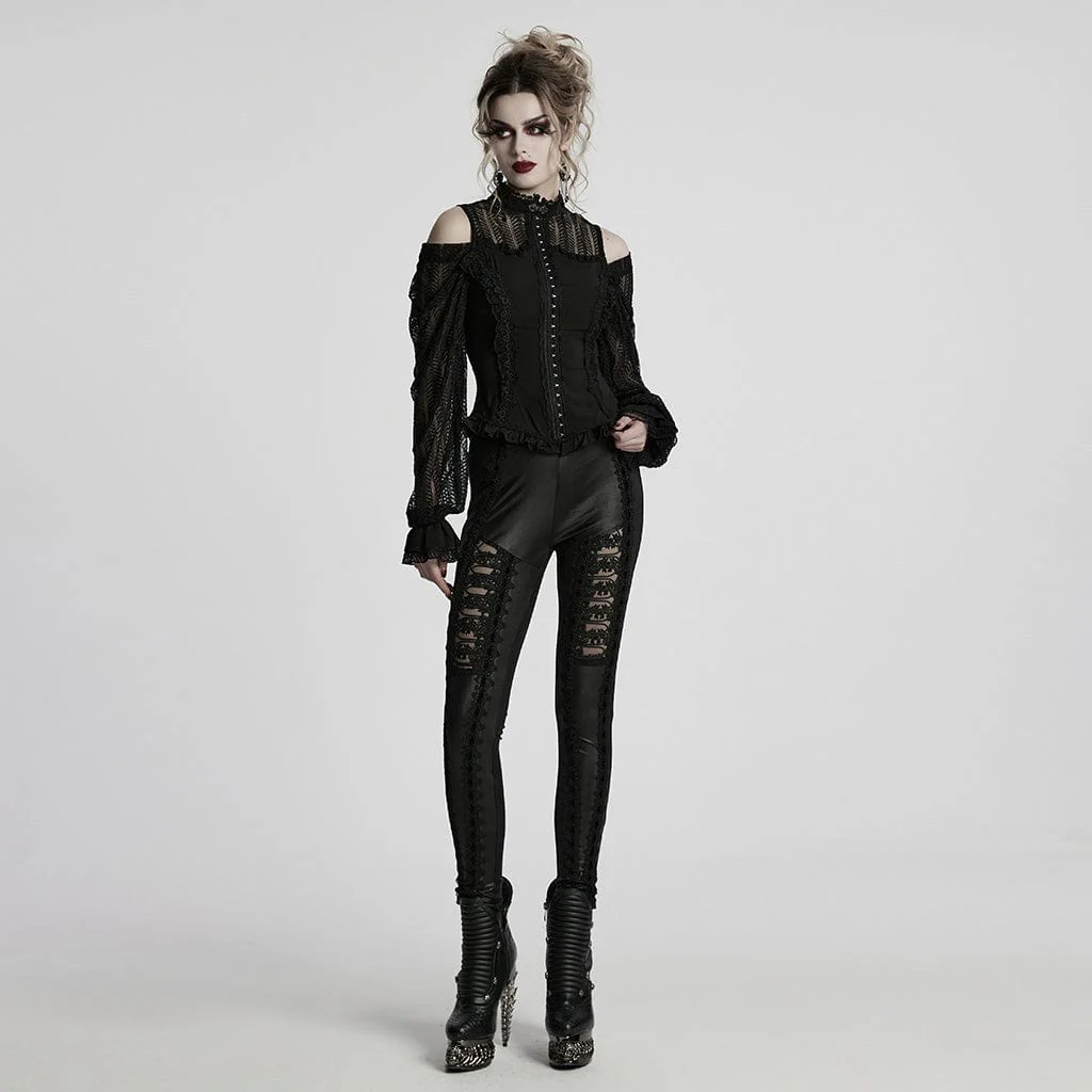 Camicia da donna in stile gotico con lacci e volant a spalle scoperte - immagine 5