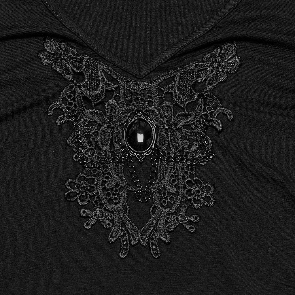 T-shirt da donna con scollo a V e ricamo floreale in stile gotico - immagine 7