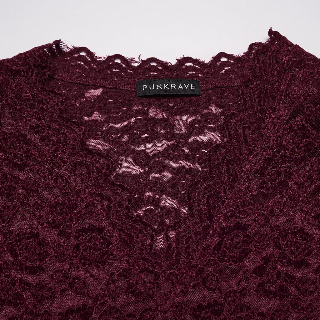 Camicia da donna in pizzo trasparente con scollo profondo in stile gotico, rossa - immagine 8