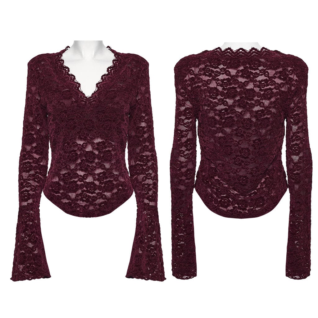 Camicia da donna in pizzo trasparente con scollo profondo in stile gotico, rossa - immagine 6