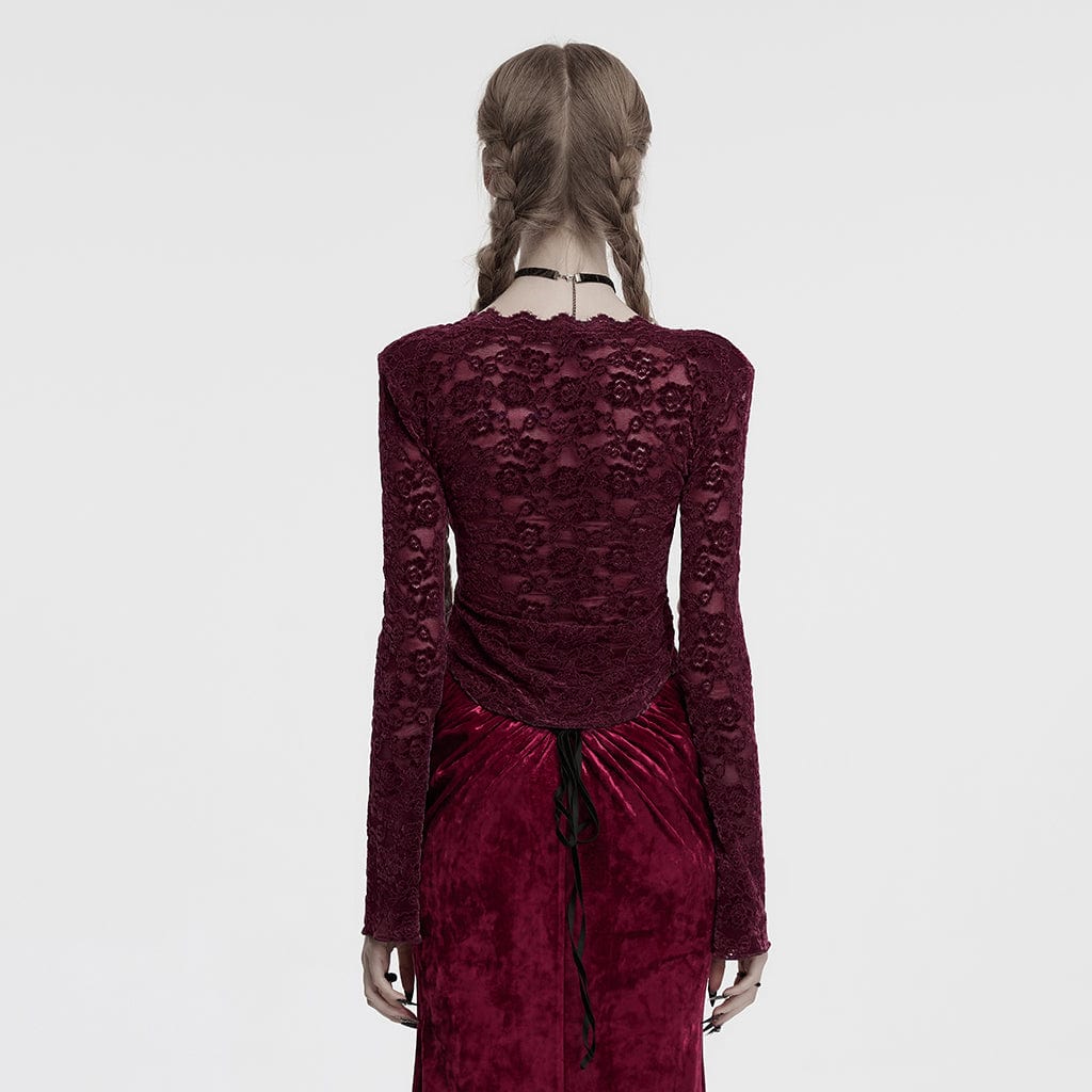 Camicia da donna in pizzo trasparente con scollo profondo in stile gotico, rossa - immagine 4