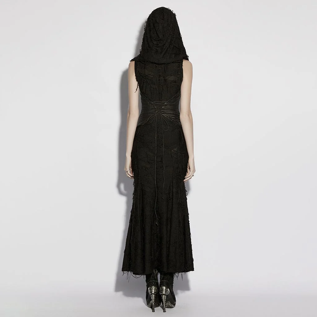 Abito lungo da donna in stile gotico con cappuccio e maniche strappate, abito da laurea - immagine 4