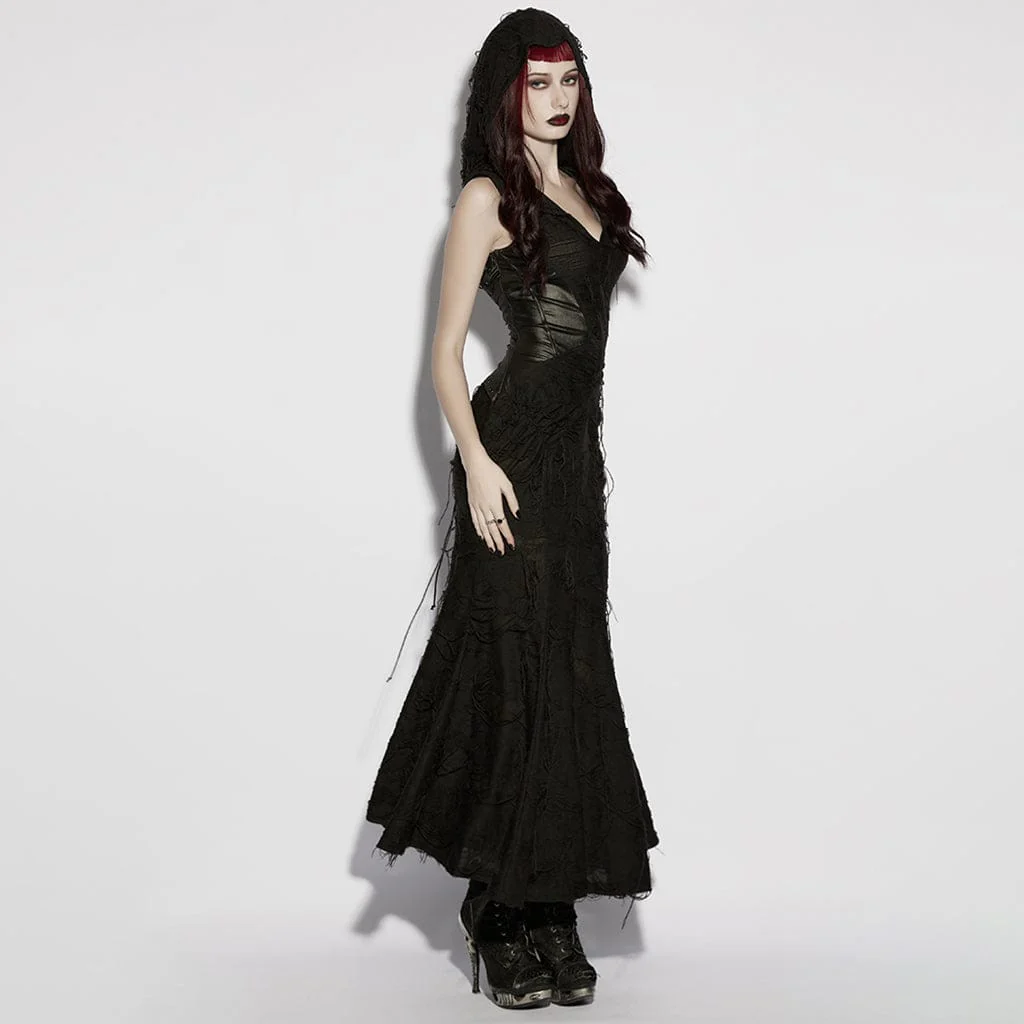 Abito lungo da donna in stile gotico con cappuccio e maniche strappate, abito da laurea - immagine 3