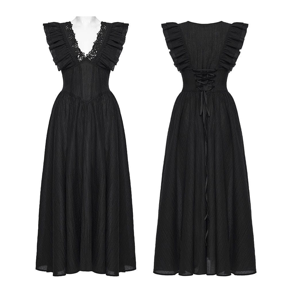 Abito lungo da donna con scollo a V, maniche corte, volant e scollo a V, stile gotico, per laurea - immagine 6