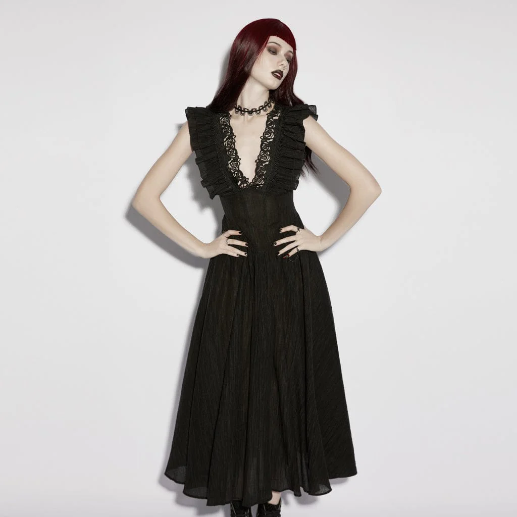 Abito lungo da donna con scollo a V, maniche corte, volant e scollo a V, stile gotico, per laurea - immagine 5