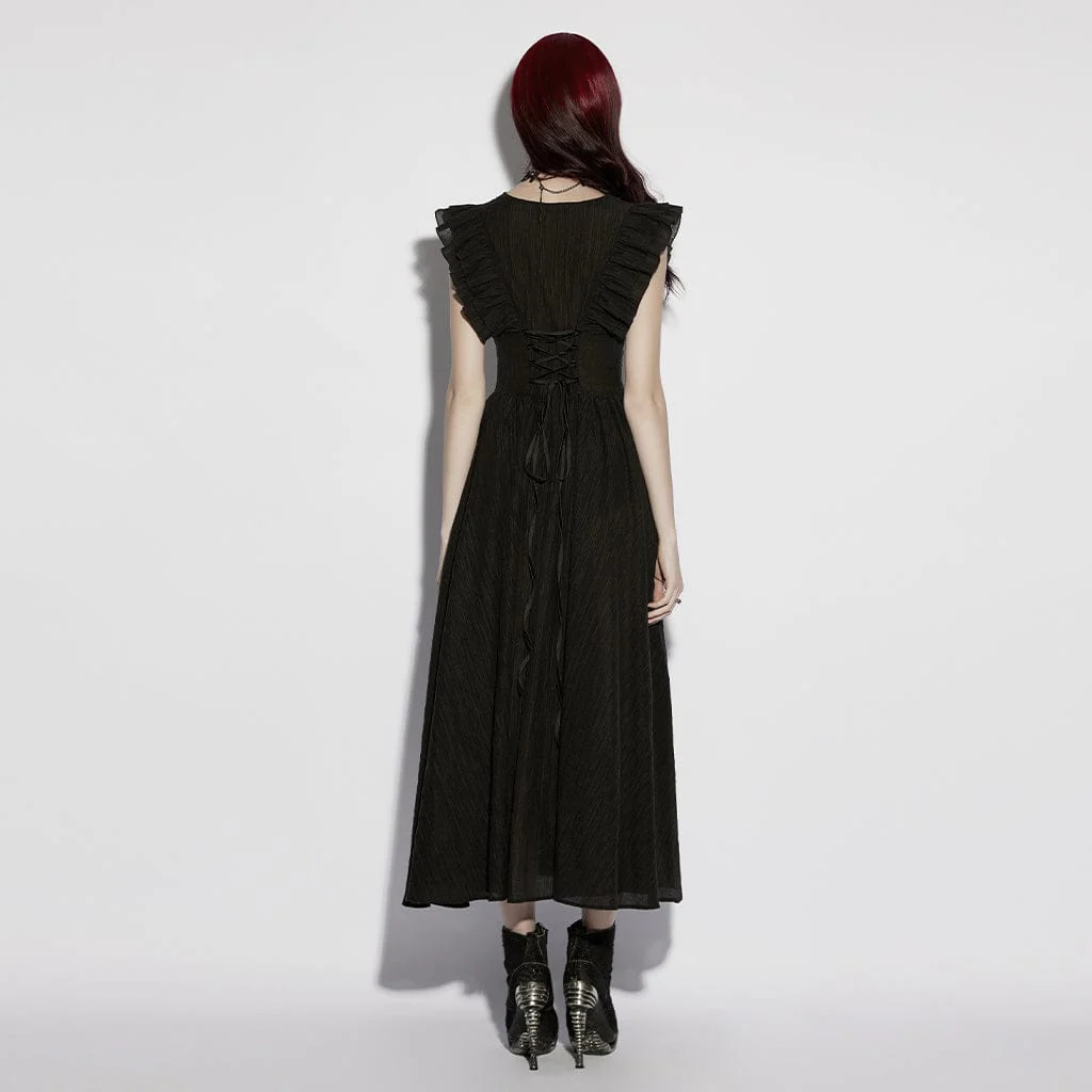 Abito lungo da donna con scollo a V, maniche corte, volant e scollo a V, stile gotico, per laurea - immagine 4