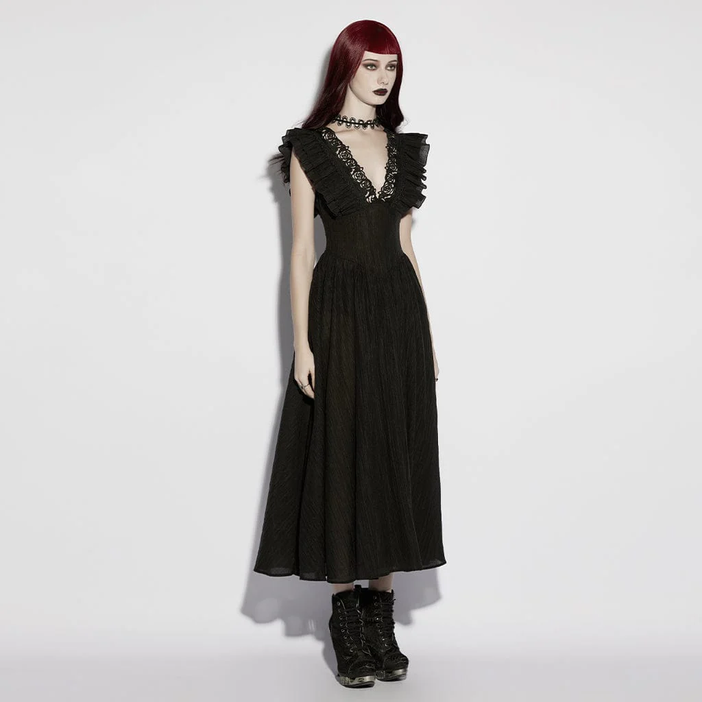 Abito lungo da donna con scollo a V, maniche corte, volant e scollo a V, stile gotico, per laurea - immagine 3