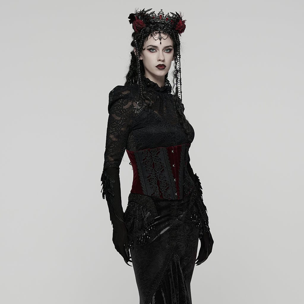 Corsetto sottoseno con lacci e motivo a rose gotiche da donna, rosso - immagine 3