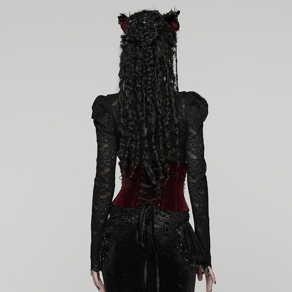 Corsetto sottoseno con lacci e motivo a rose gotiche da donna, rosso - immagine 4