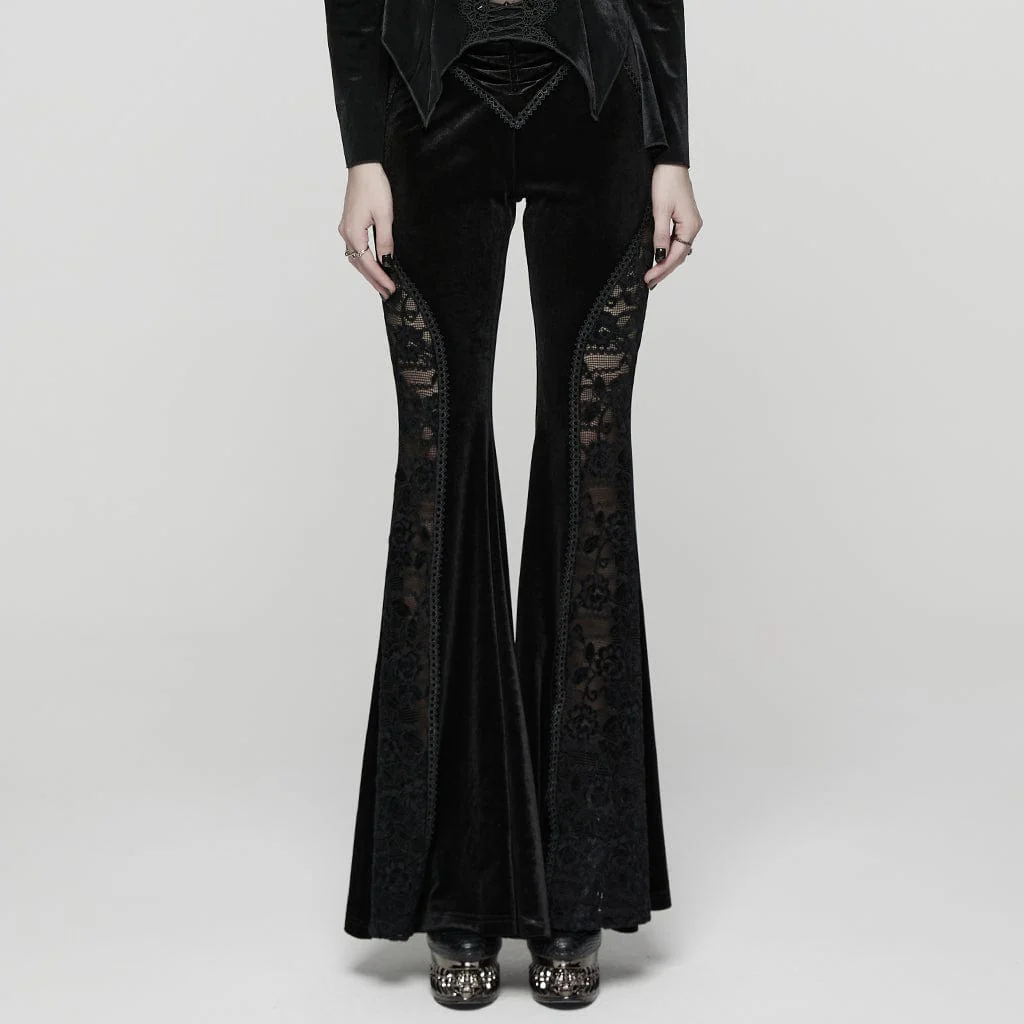 Pantaloni svasati in velluto con arricciature in pizzo gotico da donna - immagine 2