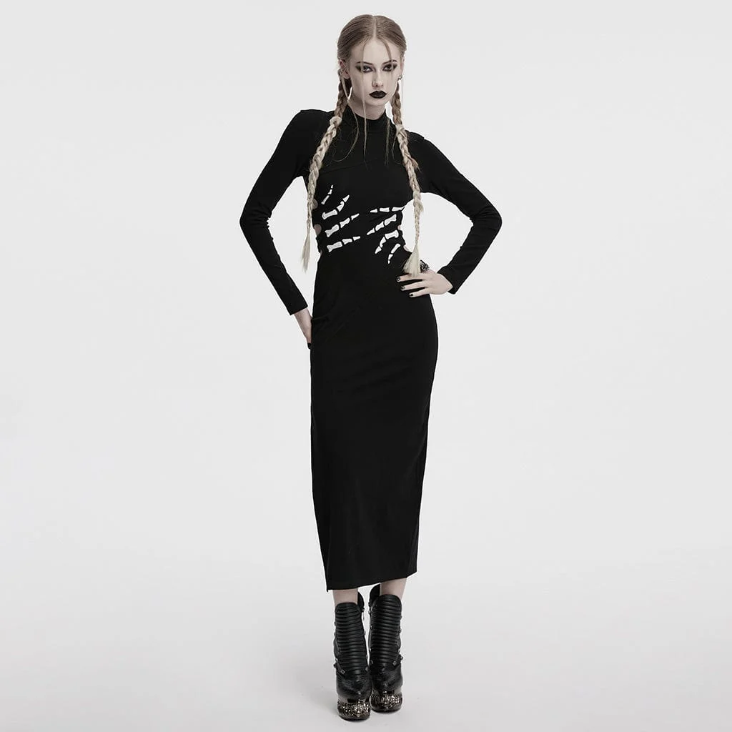 Abito da donna in stile gotico con scheletro stampato e ritagliato, per Halloween, nero - immagine 5
