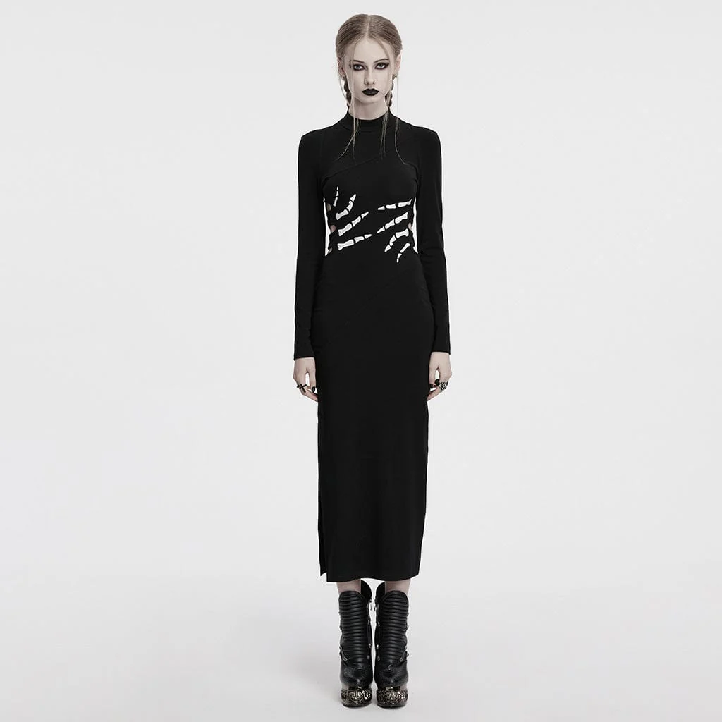 Abito da donna in stile gotico con scheletro stampato e ritagliato, per Halloween, nero - immagine 2