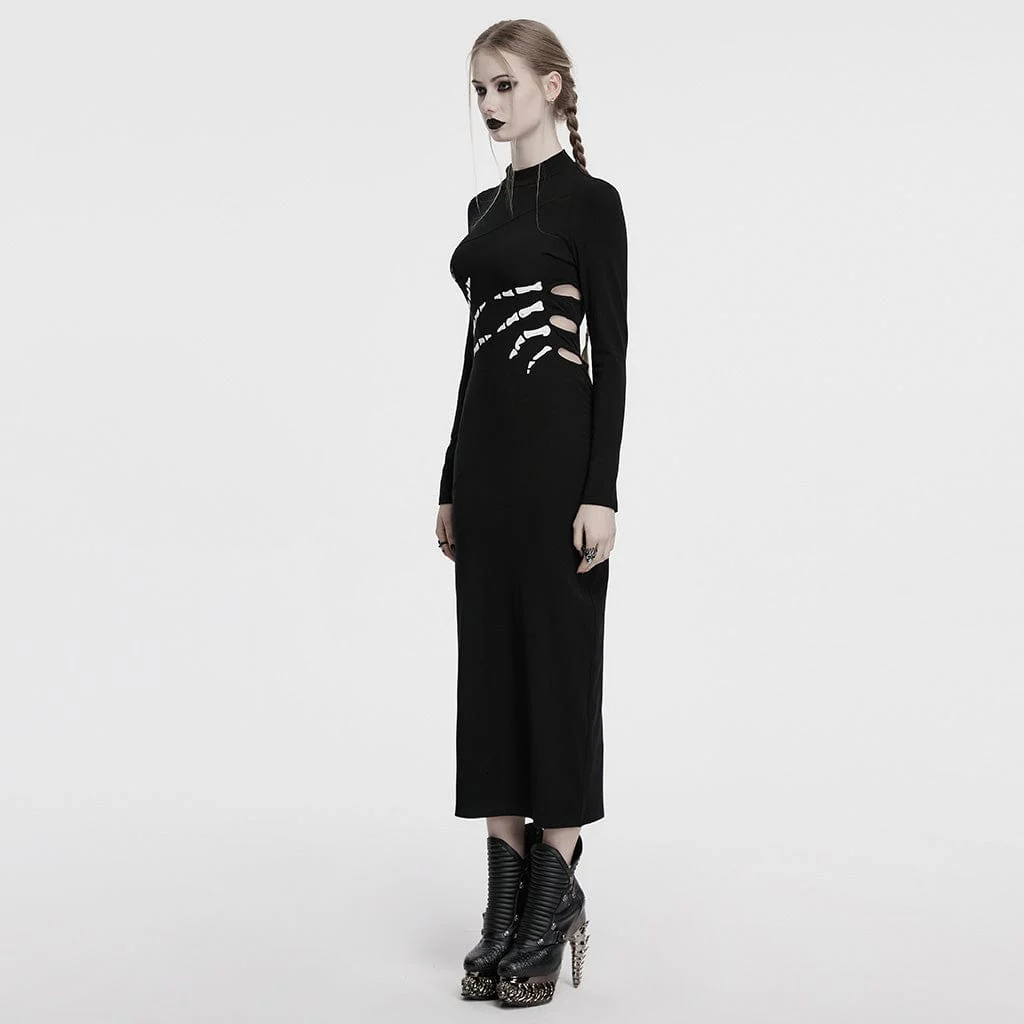 Abito da donna in stile gotico con scheletro stampato e ritagliato, per Halloween, nero - immagine 3