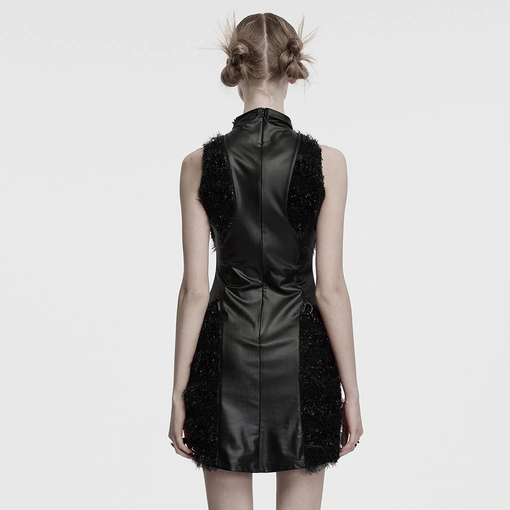 Abito da festa in pelliccia sintetica con colletto alto in stile gotico da donna, abito da laurea, nero - immagine 4