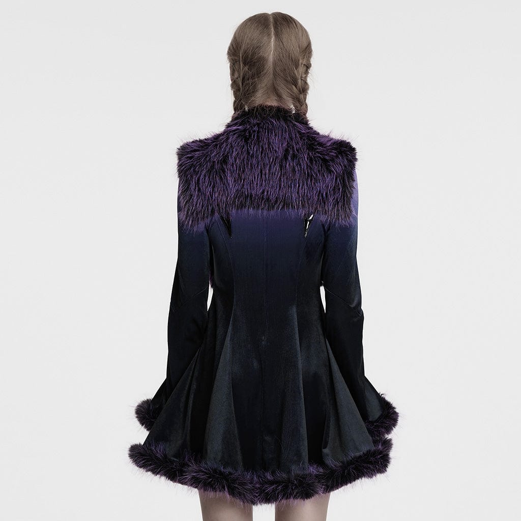 Mantella da donna in pelliccia sintetica sfumata con colletto alto in stile gotico, viola - immagine 4
