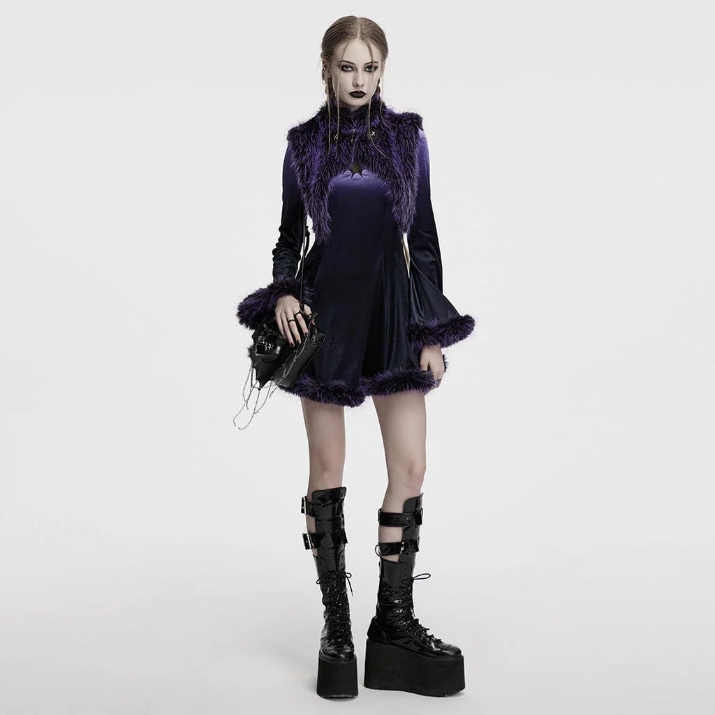 Mantella da donna in pelliccia sintetica sfumata con colletto alto in stile gotico, viola - immagine 5