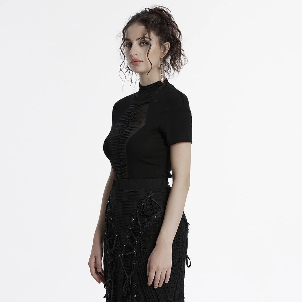 Camicia da donna con colletto alto in stile gotico e giunture in rete - immagine 3