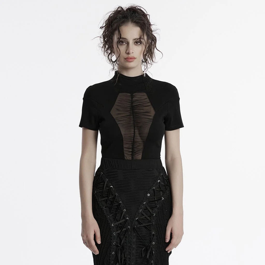 Camicia da donna con colletto alto in stile gotico e giunture in rete - immagine 2