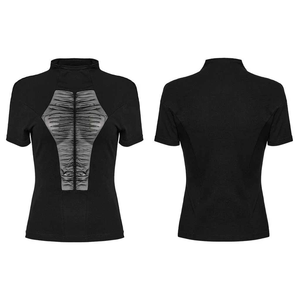 Camicia da donna con colletto alto in stile gotico e giunture in rete - immagine 6