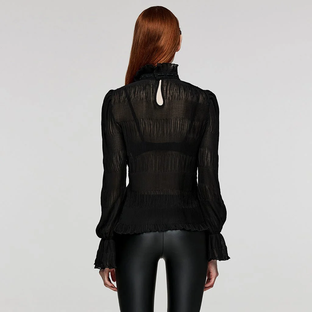 Camicia da donna con volant e maniche a sbuffo, colletto rialzato gotico - immagine 4