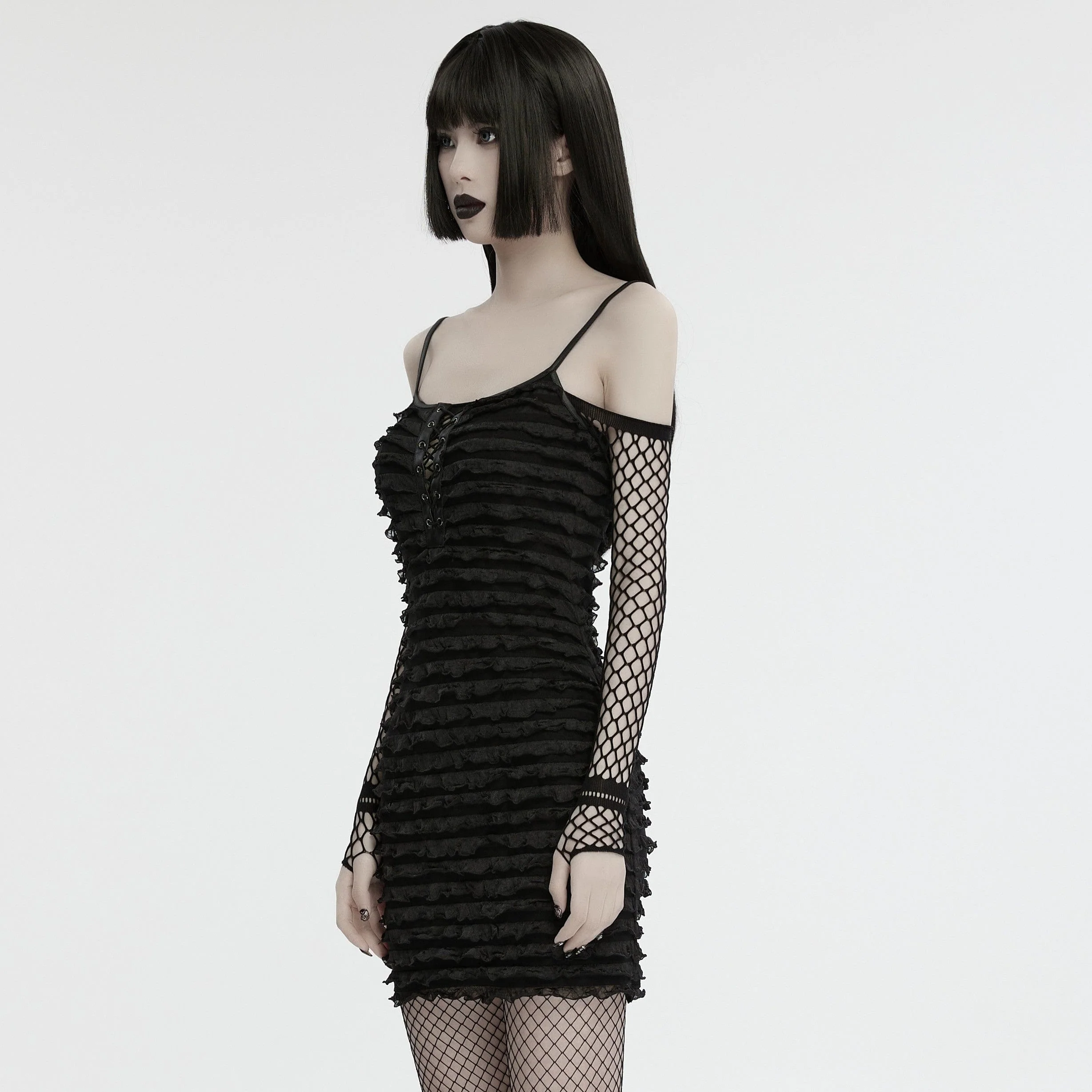 Abito sottoveste tinto in massa con volant grunge da donna nero - immagine 3