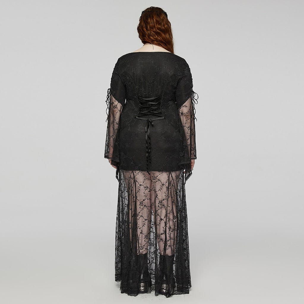 Abito da ballo da donna in pizzo con lacci e maniche svasate gotiche taglie forti - immagine 5