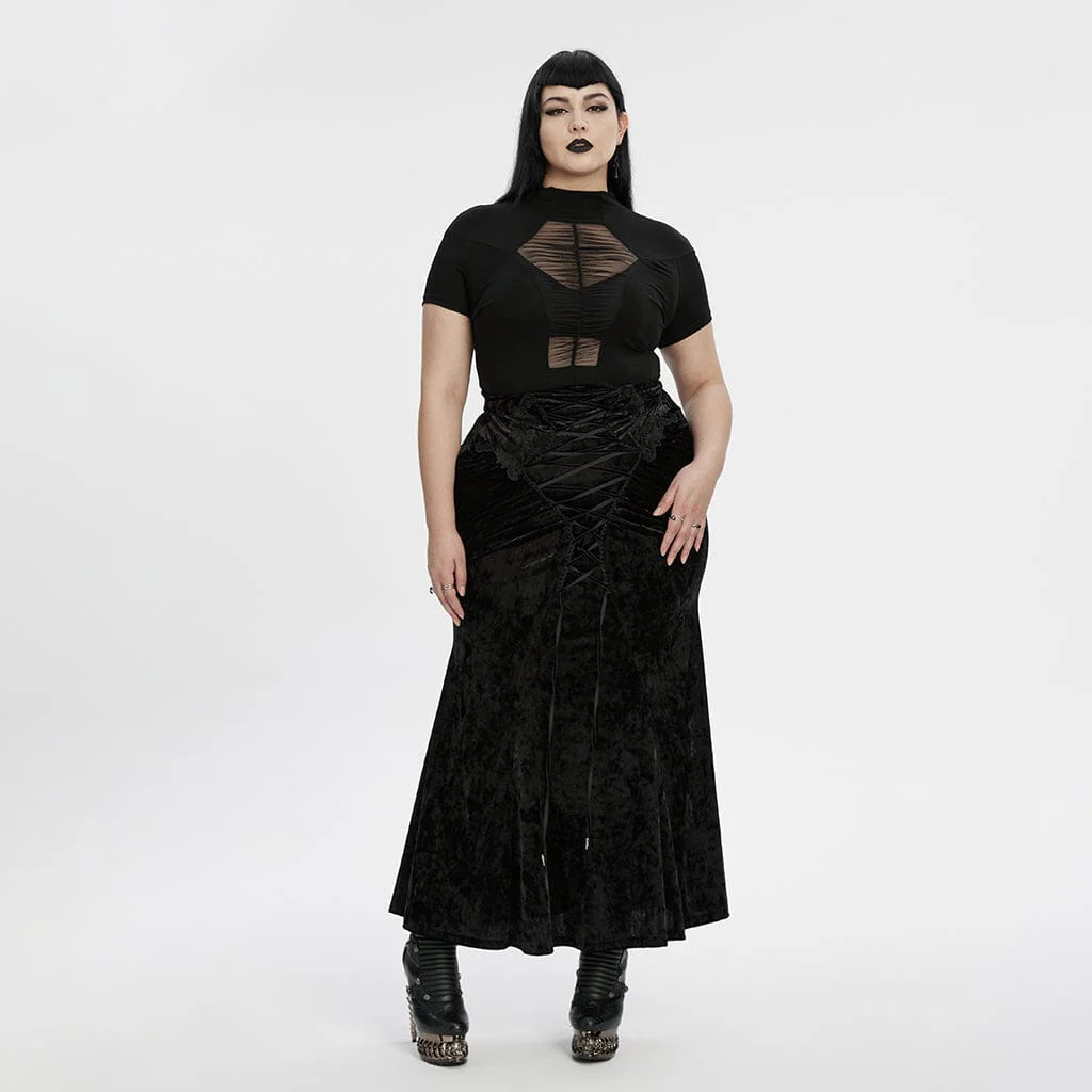 Camicia da donna in stile gotico con colletto rialzato e giunture in rete, taglie forti - immagine 5