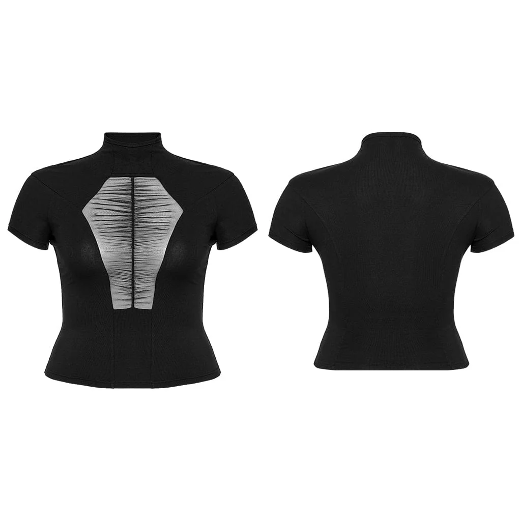 Camicia da donna in stile gotico con colletto rialzato e giunture in rete, taglie forti - immagine 6