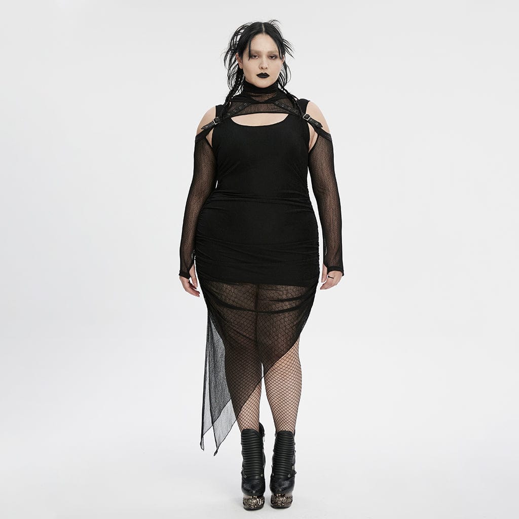 Abito da festa nero punk irregolare con arricciature e mantello con cappuccio da donna taglie forti - immagine 4