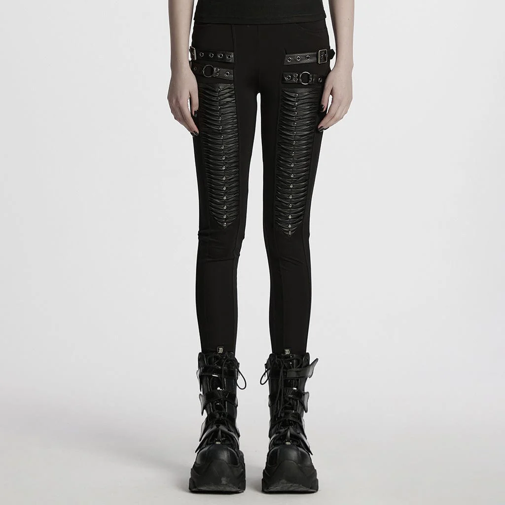 Leggings plissettati con cinturino e fibbia punk da donna - immagine 2