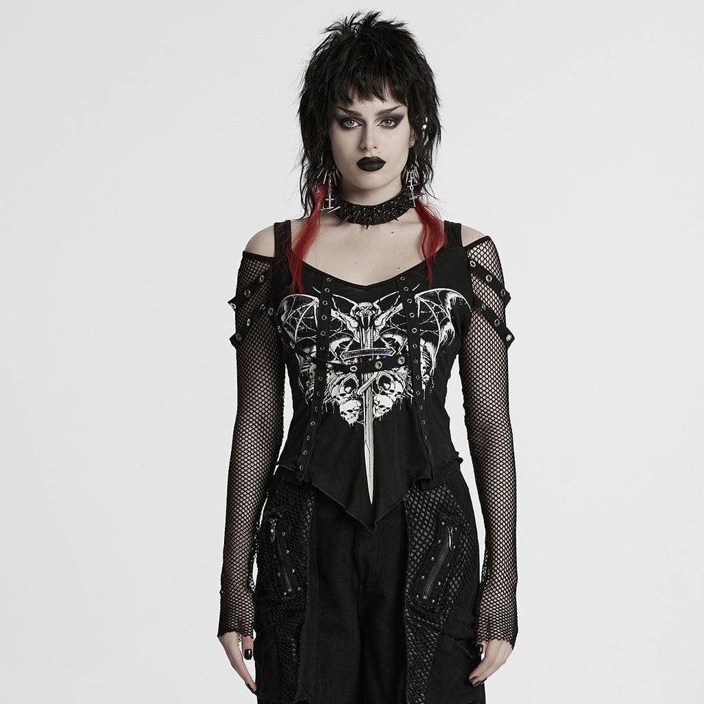 Camicia da donna con stampa teschio punk cutout e maglia a giunture - immagine 2