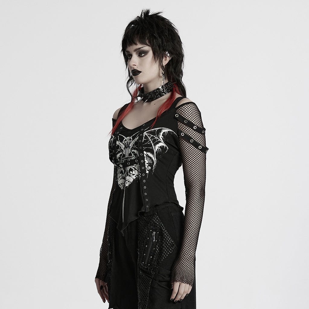 Camicia da donna con stampa teschio punk cutout e maglia a giunture - immagine 3