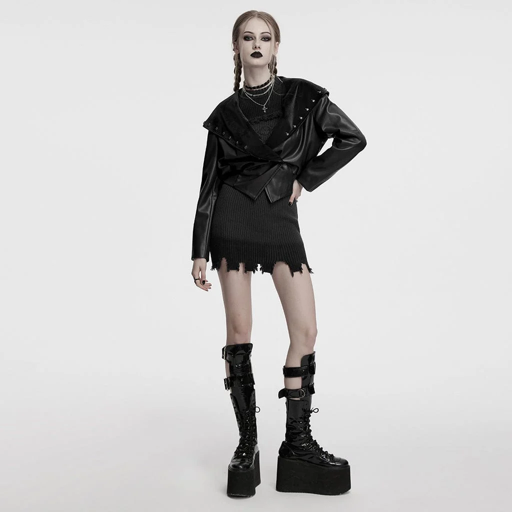 Giacca con cappuccio in similpelle con elastico in vita punk da donna, nera - immagine 5