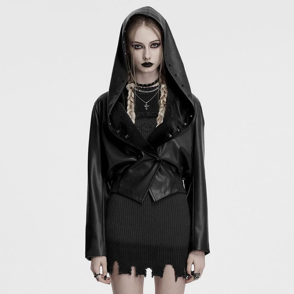 Giacca con cappuccio in similpelle con elastico in vita punk da donna, nera - immagine 2