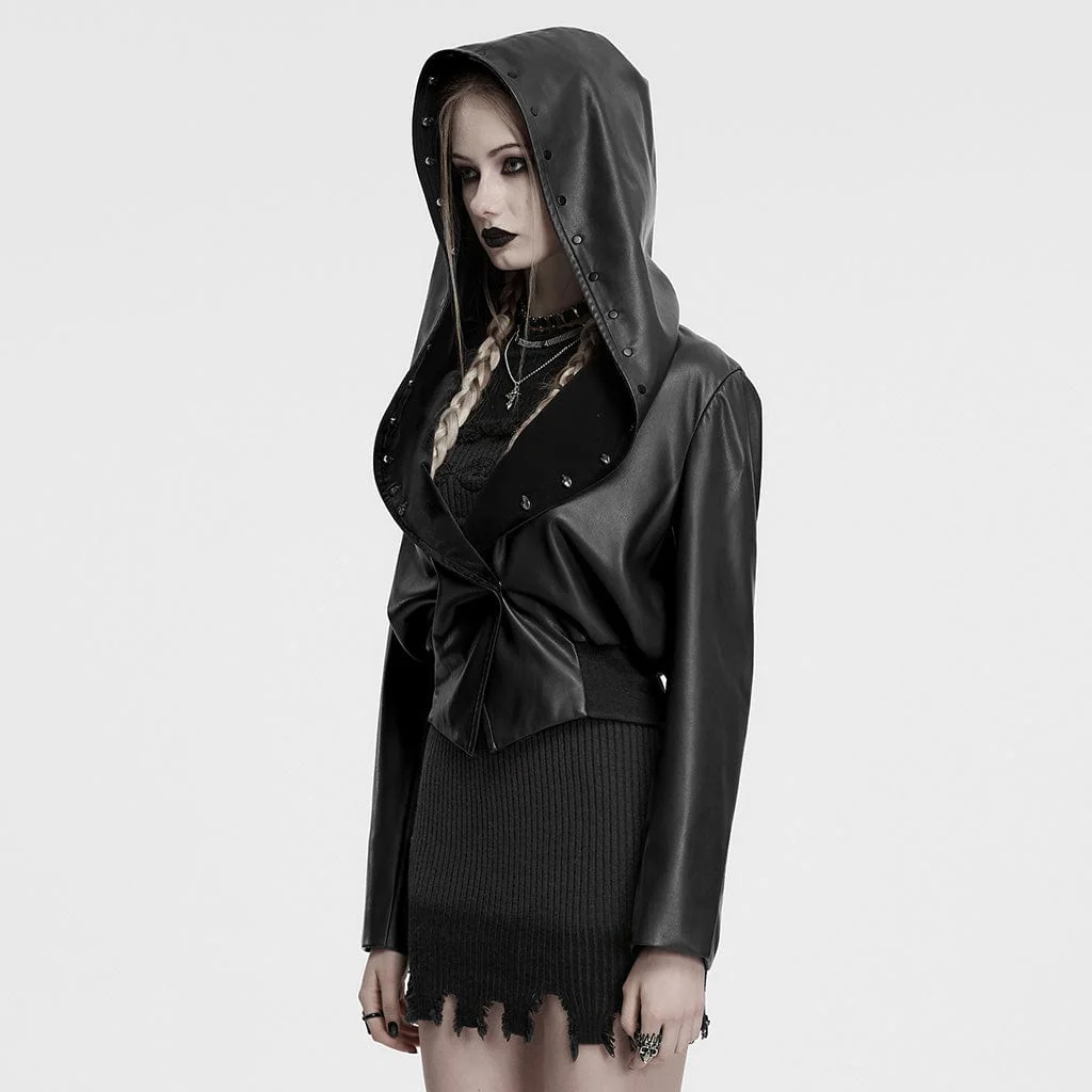 Giacca con cappuccio in similpelle con elastico in vita punk da donna, nera - immagine 3