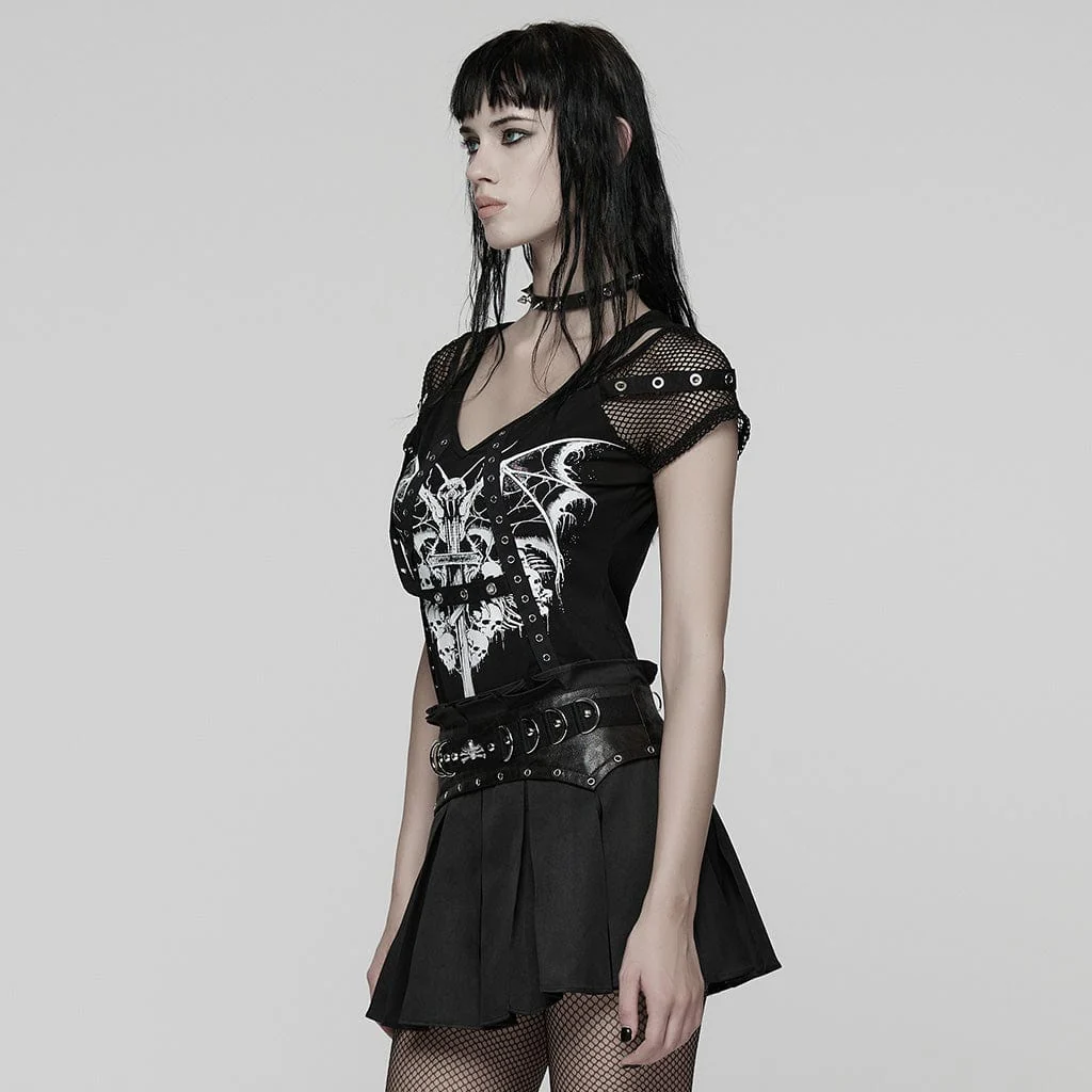 T-shirt da donna con stampa punk e cinturino a occhielli in rete - immagine 3