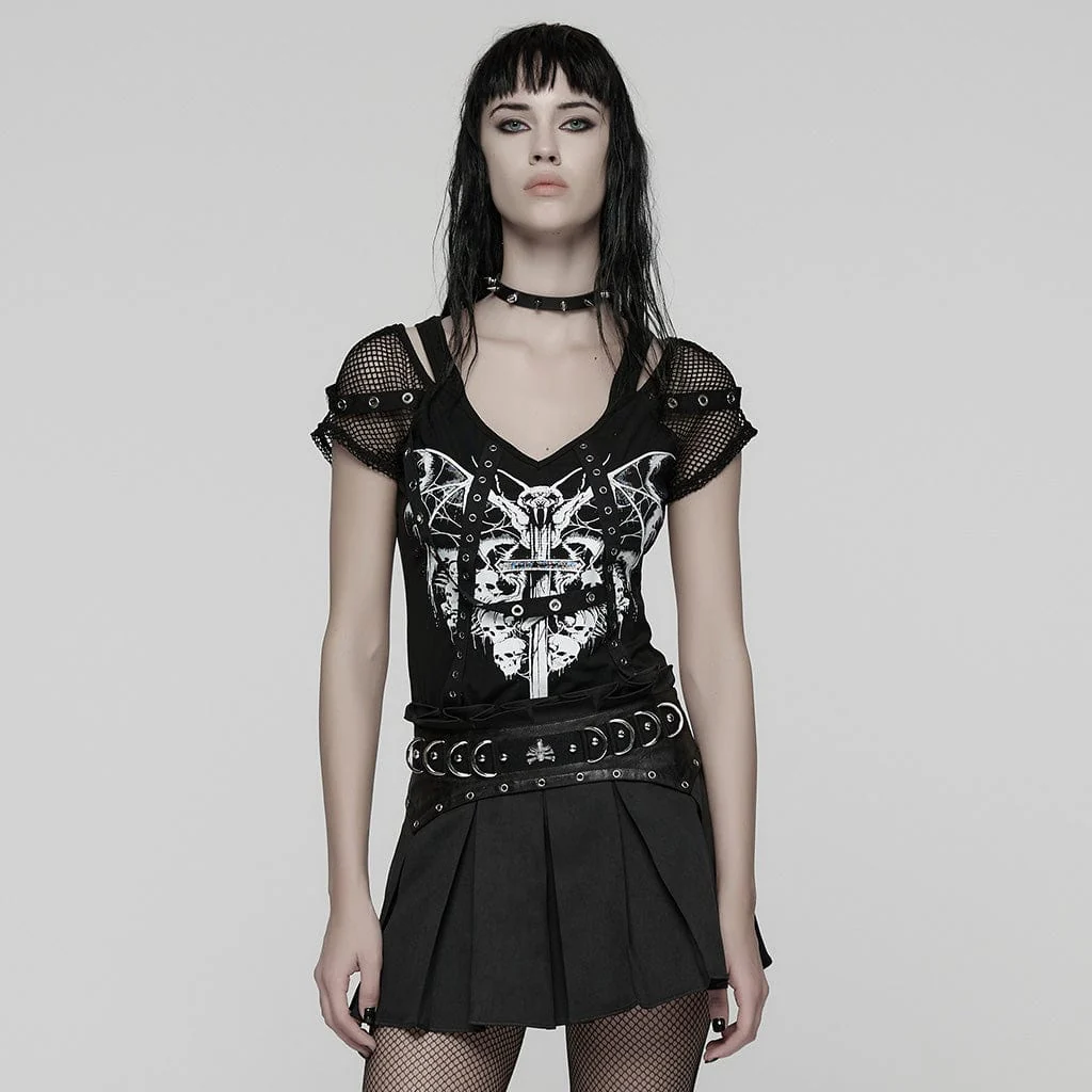 T-shirt da donna con stampa punk e cinturino a occhielli in rete - immagine 2