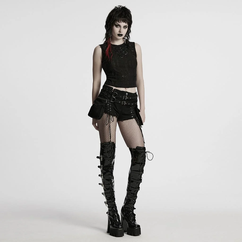 Pantaloncini in denim con lacci punk da donna con tasca staccabile - immagine 5