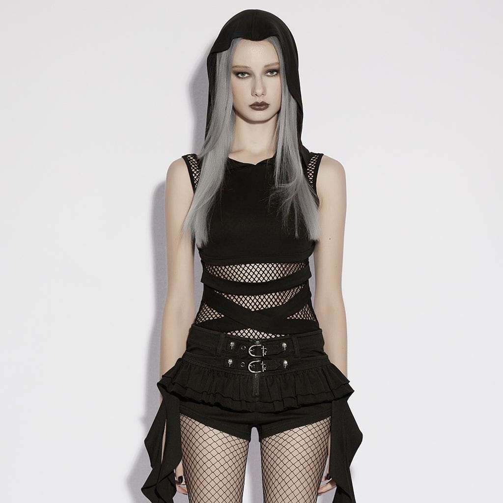 Canotta da donna con cappuccio e ritagli in rete punk - immagine 2