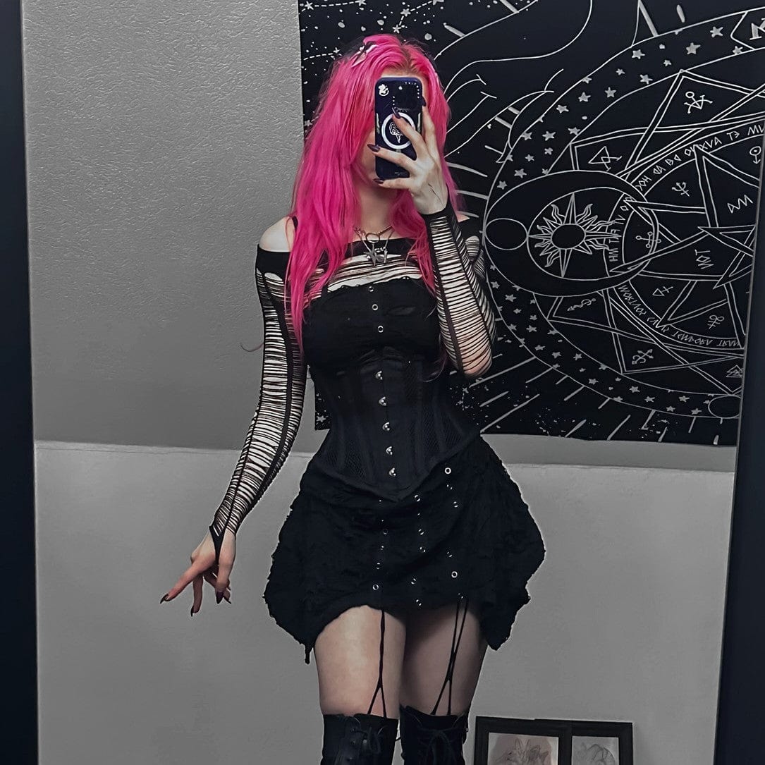 Abito a sottoveste irregolare con occhielli strappati punk da donna nero - immagine 6