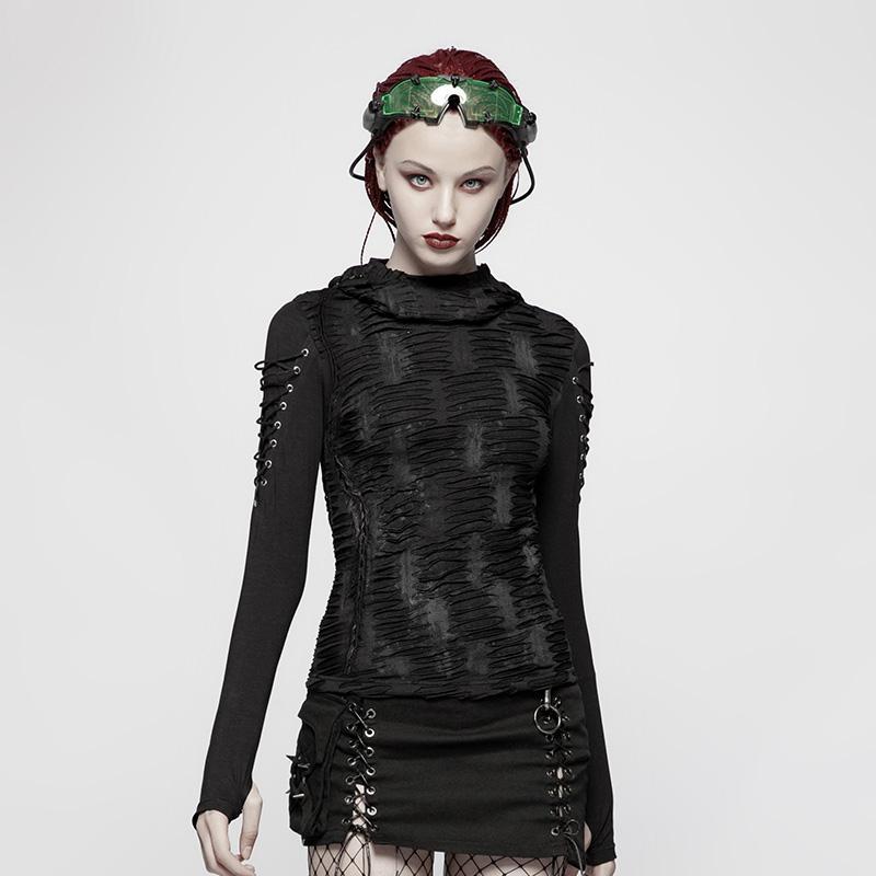 T-shirt con cappuccio punk strappata da donna - immagine 2