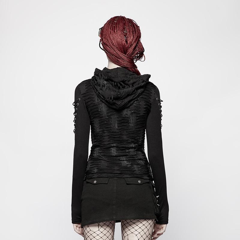 T-shirt con cappuccio punk strappata da donna - immagine 4