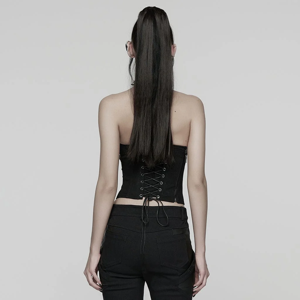 Bustino da donna con cerniera laterale e lacci arricciati in stile punk - immagine 4