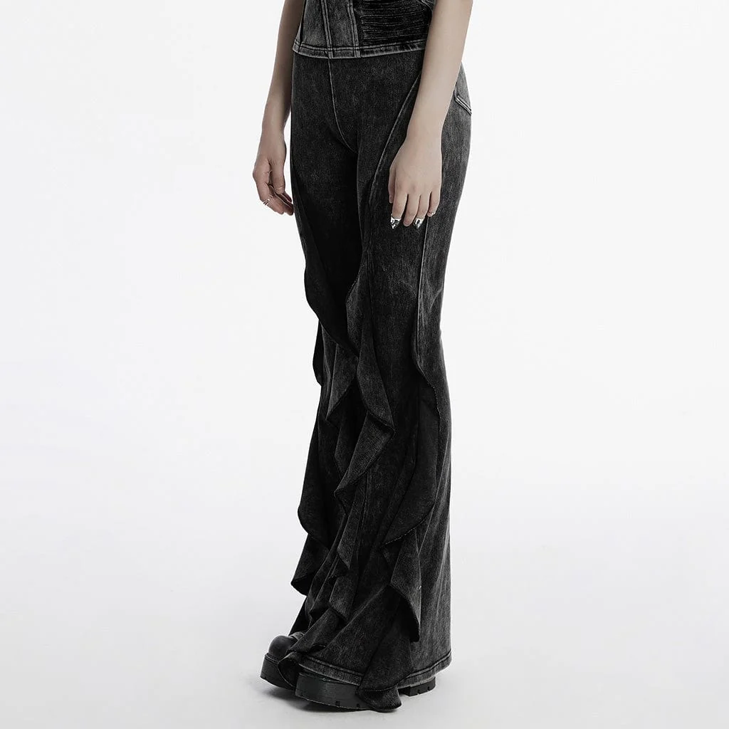 Pantaloni svasati punk con volant e effetto consumato da donna - immagine 3