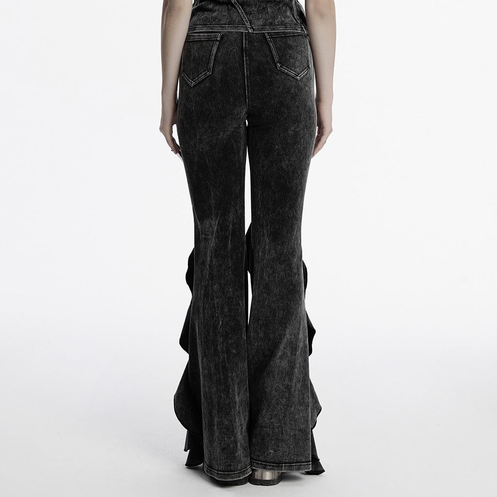 Pantaloni svasati punk con volant e effetto consumato da donna - immagine 4