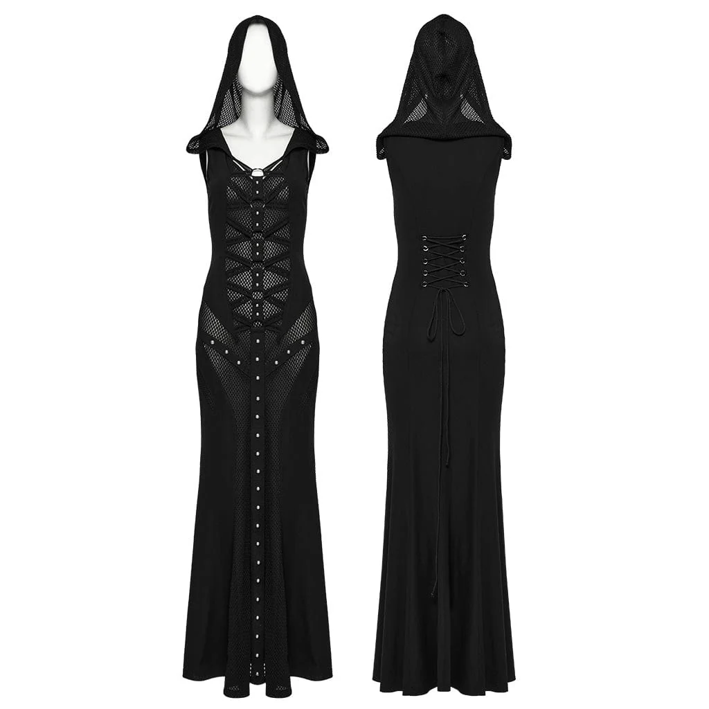 Abito da donna in rete con spalline punk e cappuccio - immagine 6