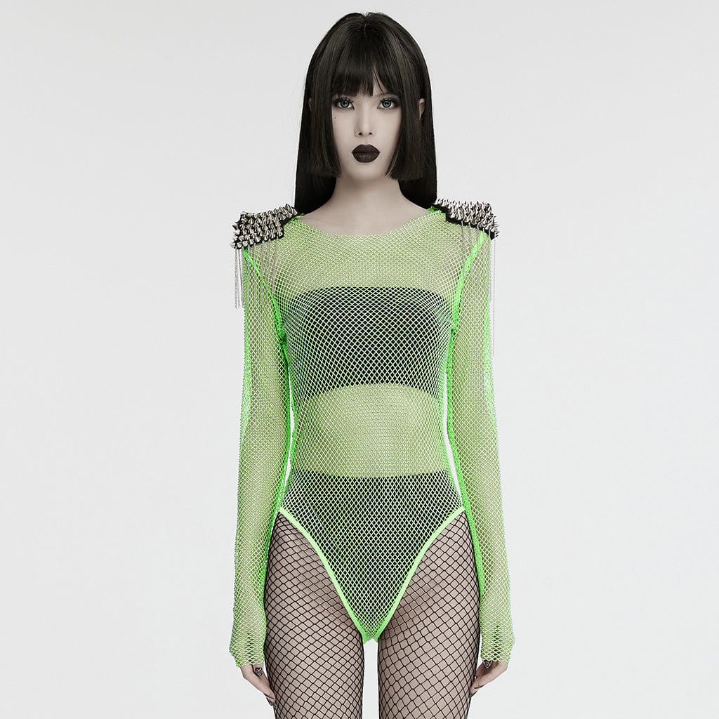 Body da donna in rete con nappe borchiate punk verde - immagine 2